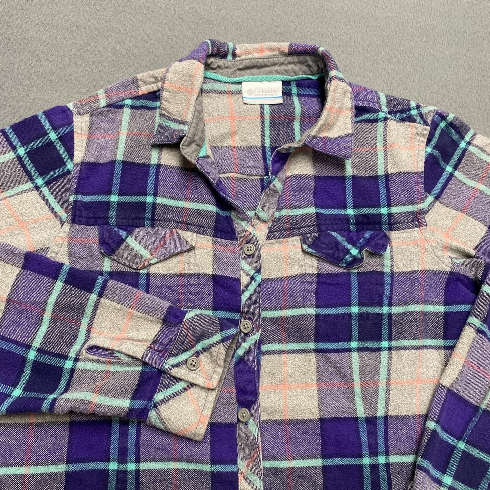 Columbia Shirt Womens Medium Purple Plaid Flannel Long Sleeve Button Up Casual